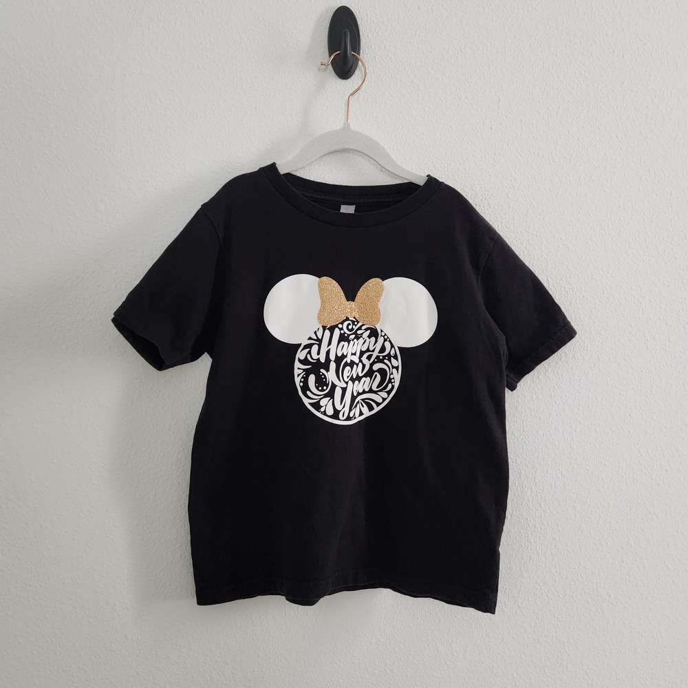 Kids Disney Minnie Mouse Happy New Year Glitter Bow Graphic Tee Size 6/7